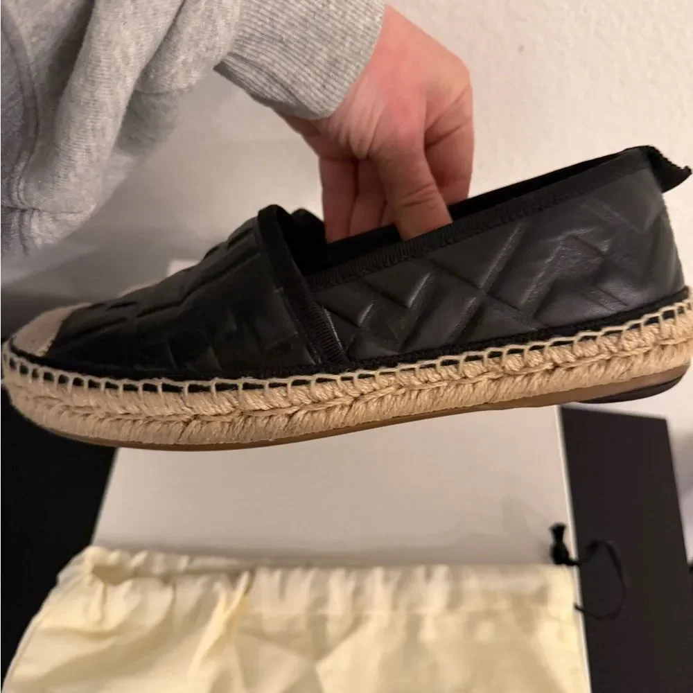 Fendi Black Leather FF Espadrille Flats Logo Jute Sole Size 36
